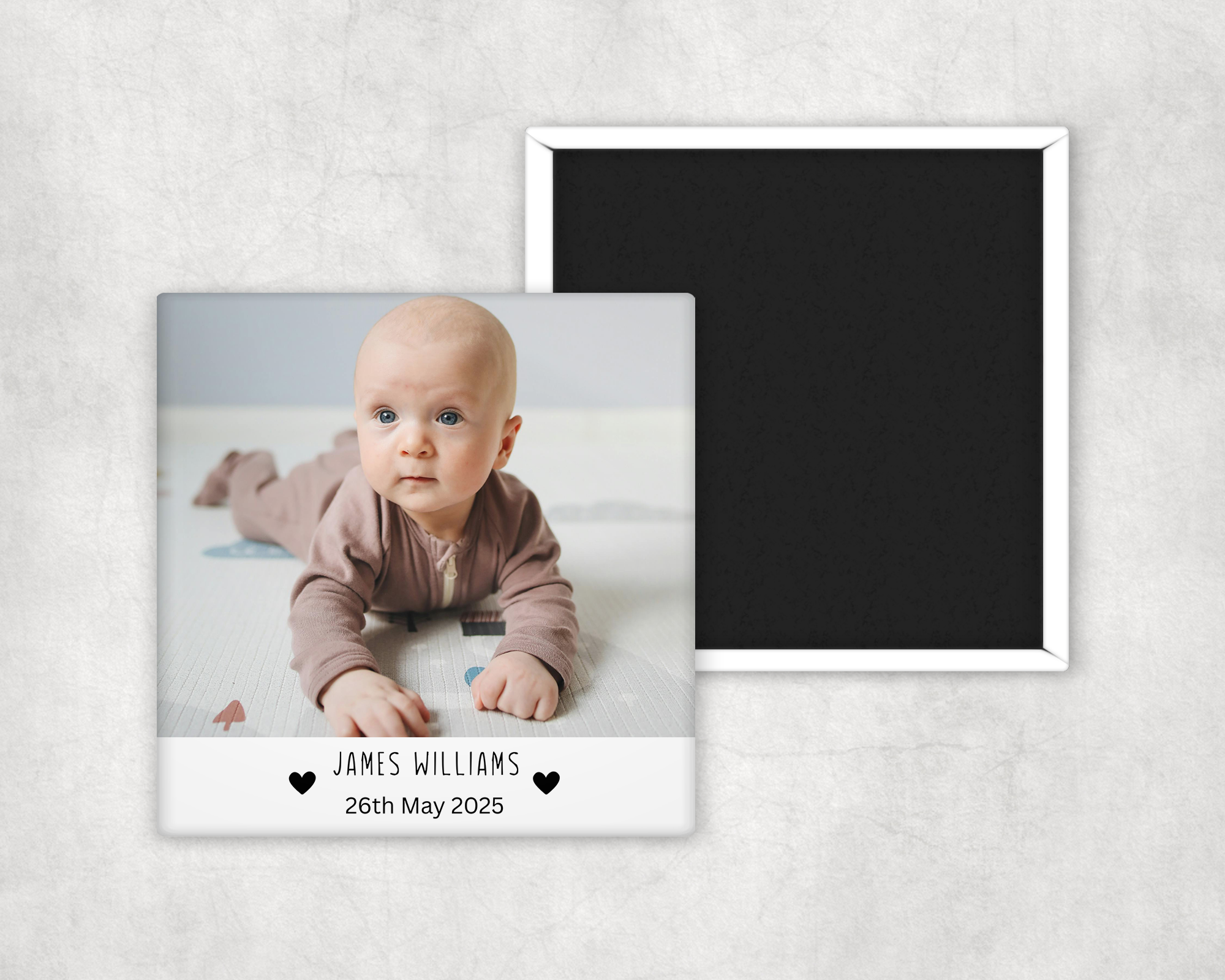Custom photo magnet with date and personalised text