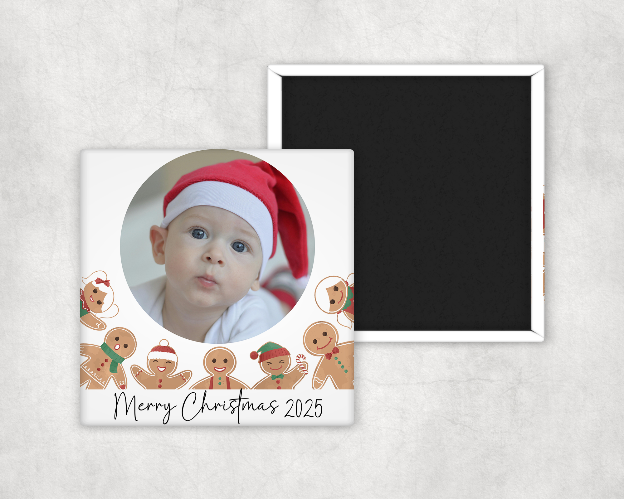 Custom photo Christmas magnet with Merry Christmas 2025 as text