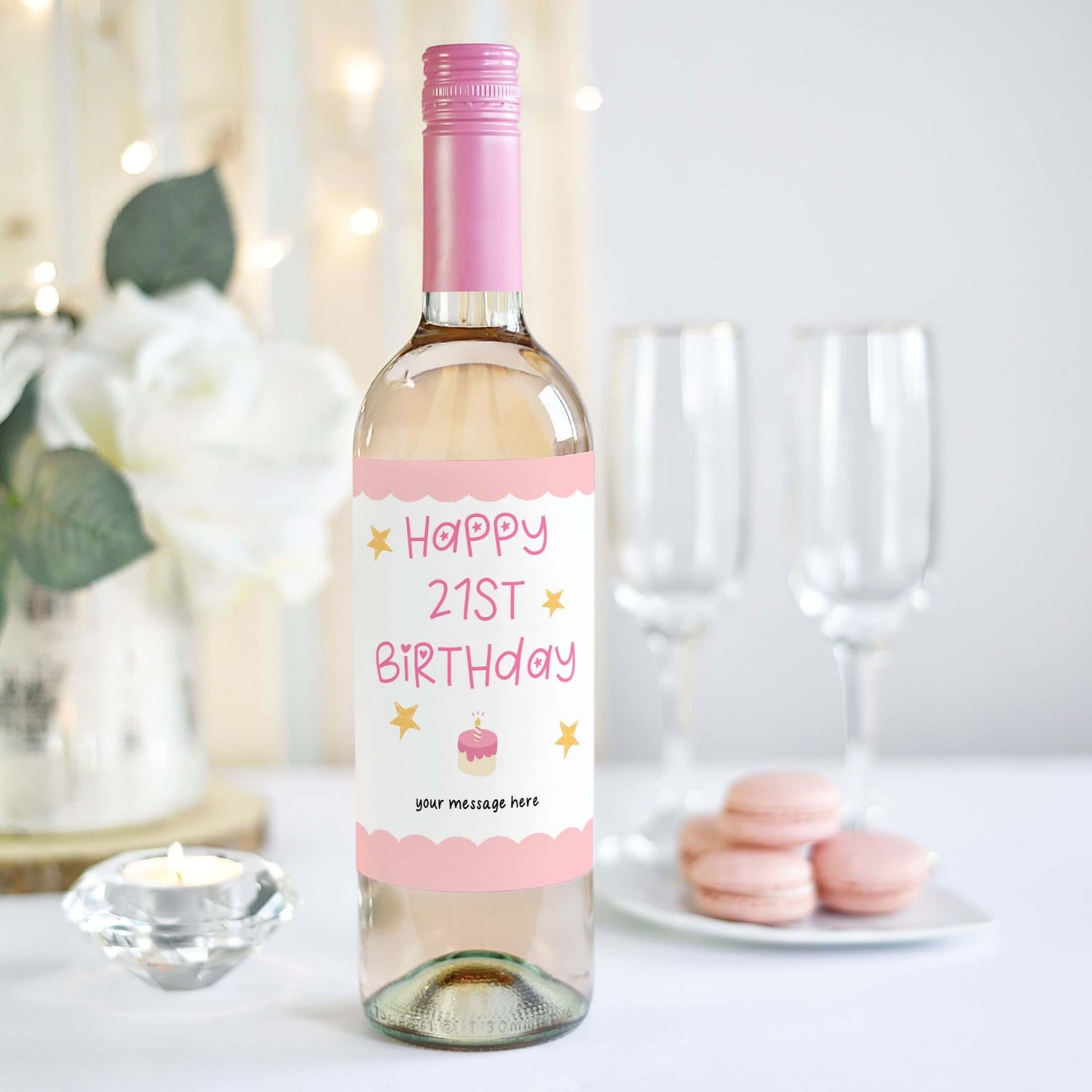 Personalised wine label for a 21st birthday gift for a daughter, with a pink and gold design, perfect for milestone celebrations.