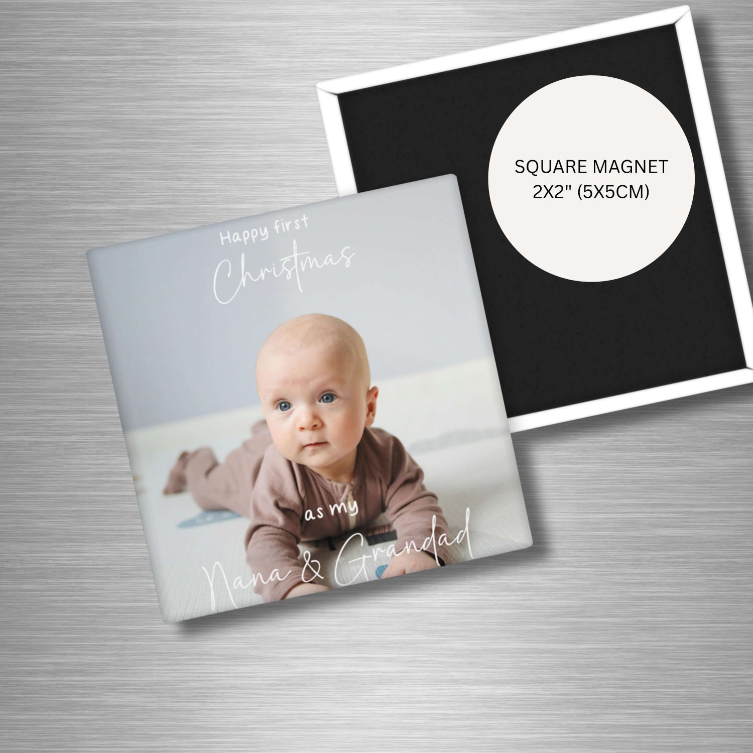 Personalised first Christmas baby photo magnet 5x5cm with custom message for grandparents – glossy festive fridge keepsake gift.