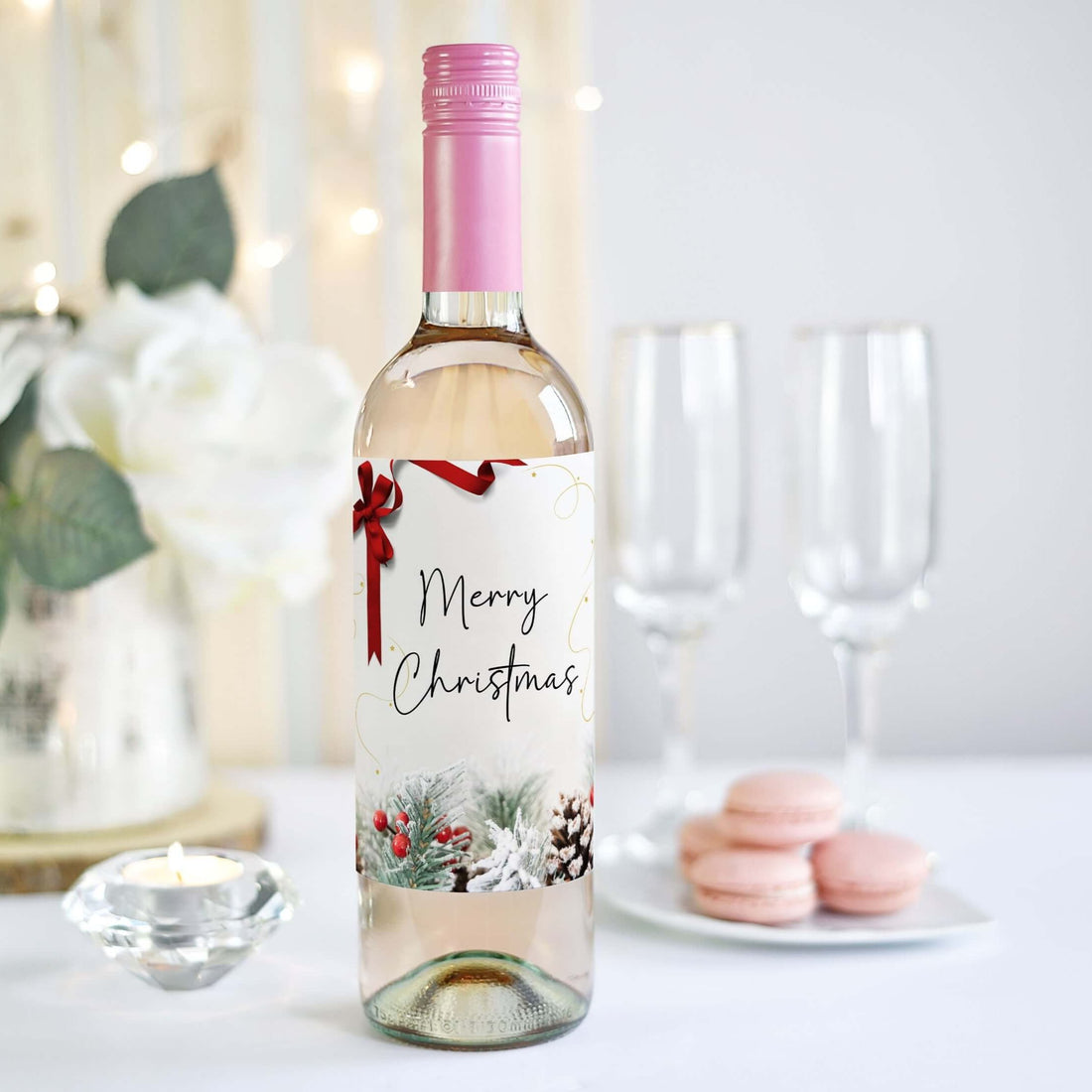 A festive wine bottle label saying merry christmas
