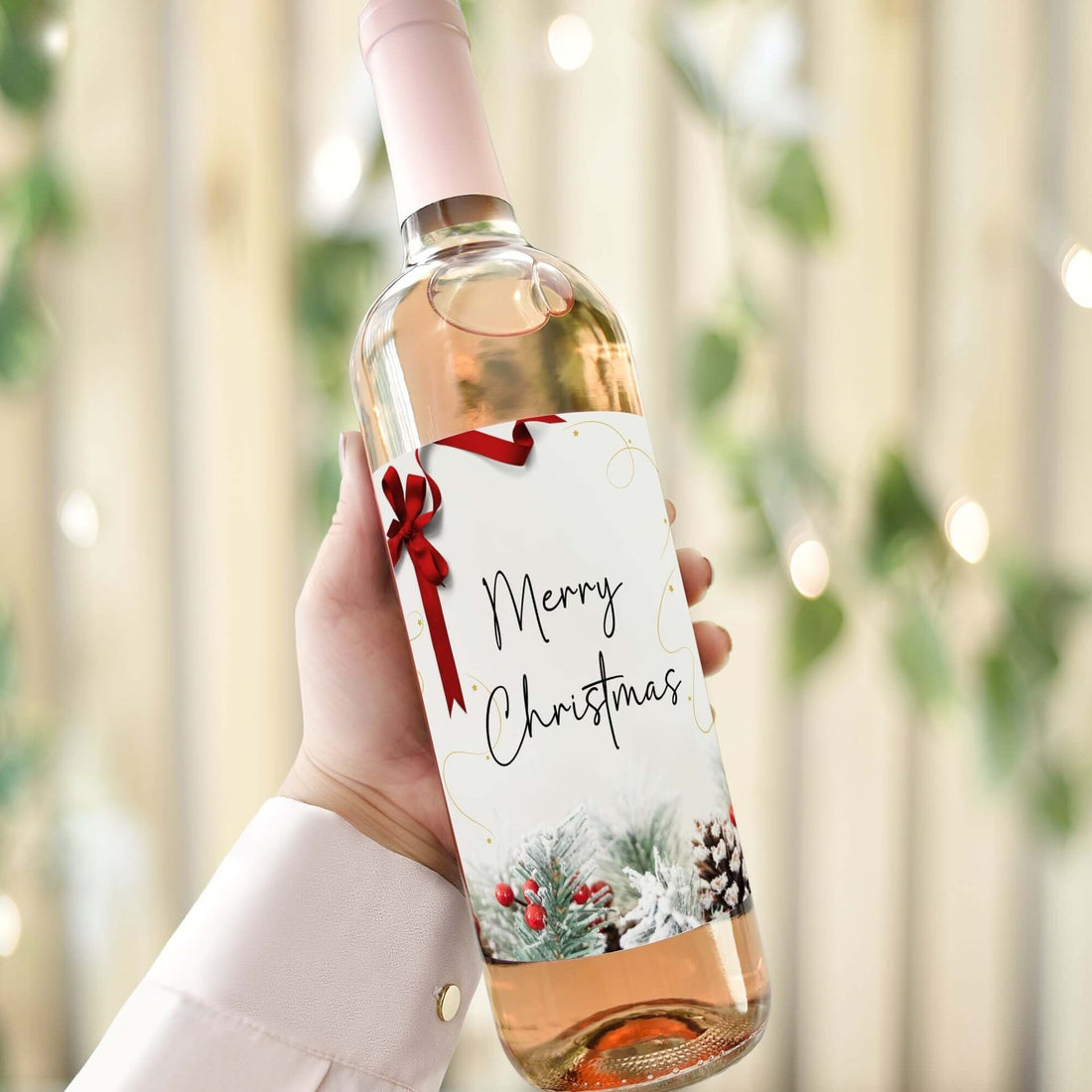 A festive wine bottle label saying merry christmas
