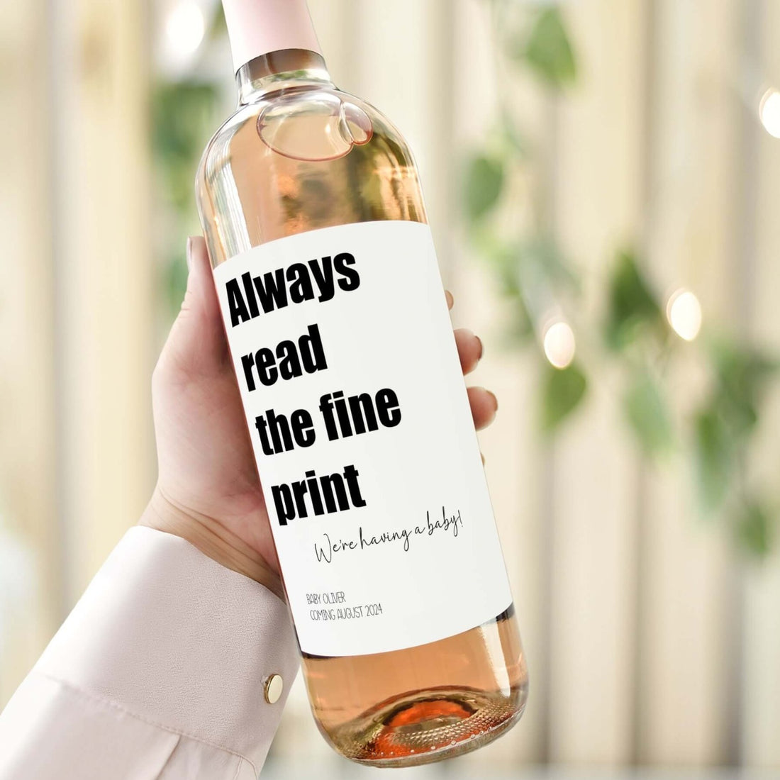 Always read the fine print we're having a baby personalised wine bottle label