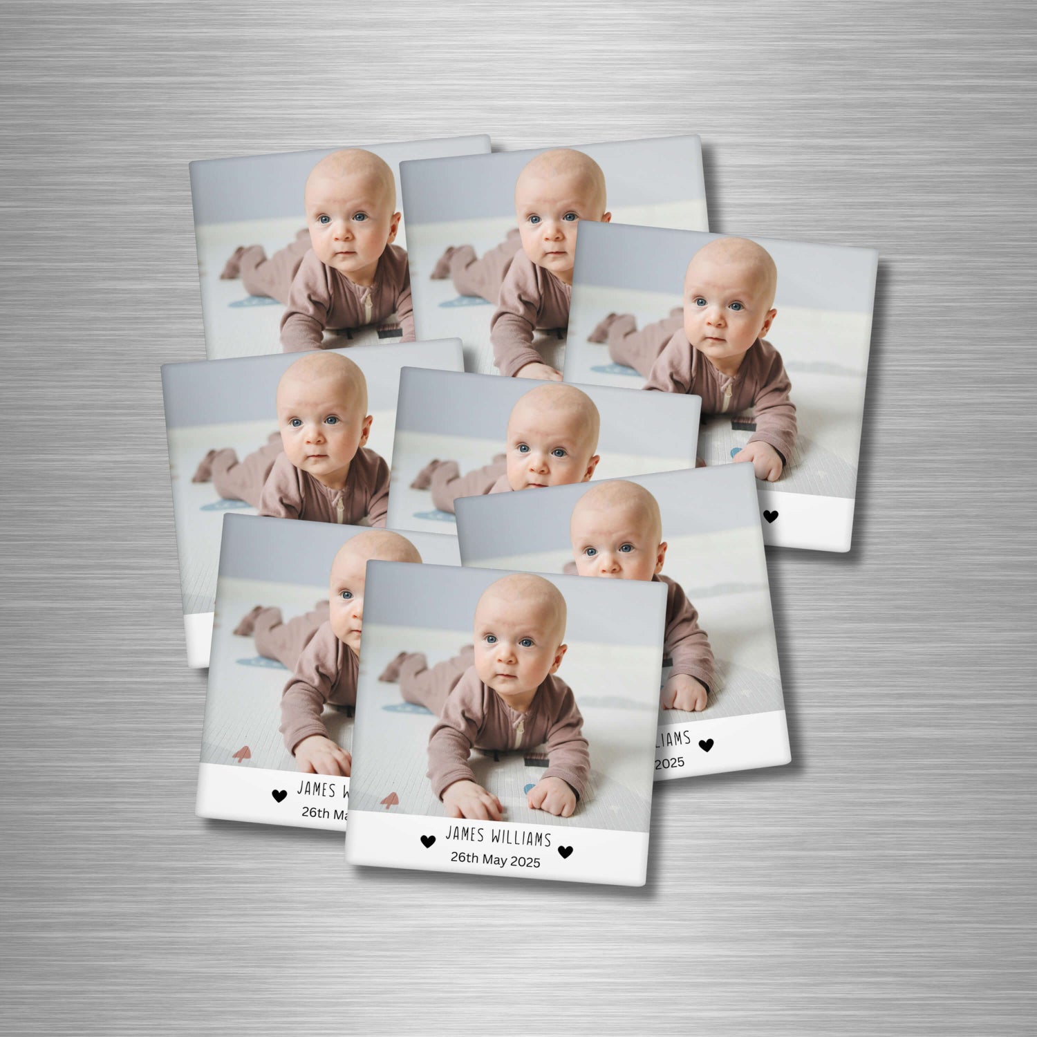 Custom square photo magnet 5x5cm with baby picture, personalised name, date and message – glossy fridge keepsake gift.