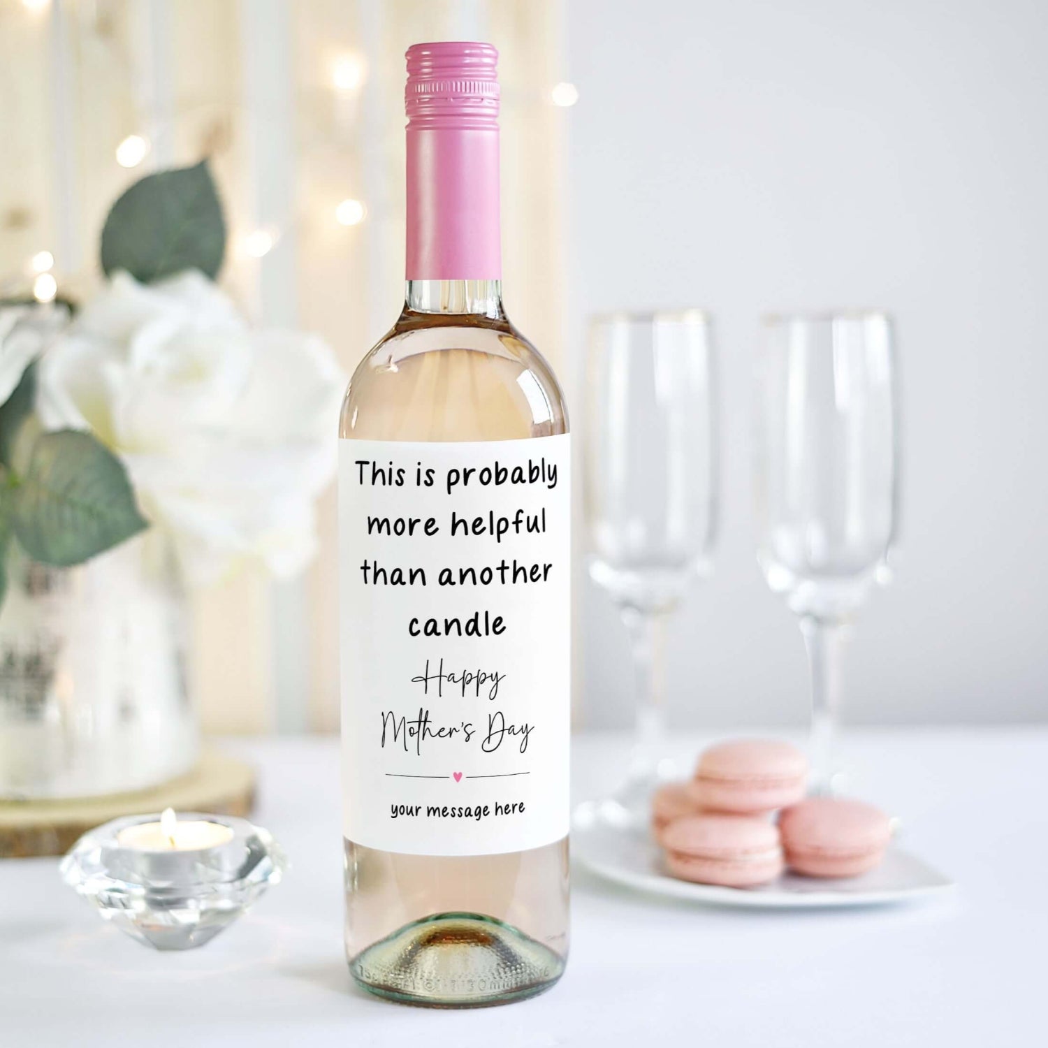 Close-up of a personalised wine label for Mother’s Day, featuring a witty message, perfect for gifting.