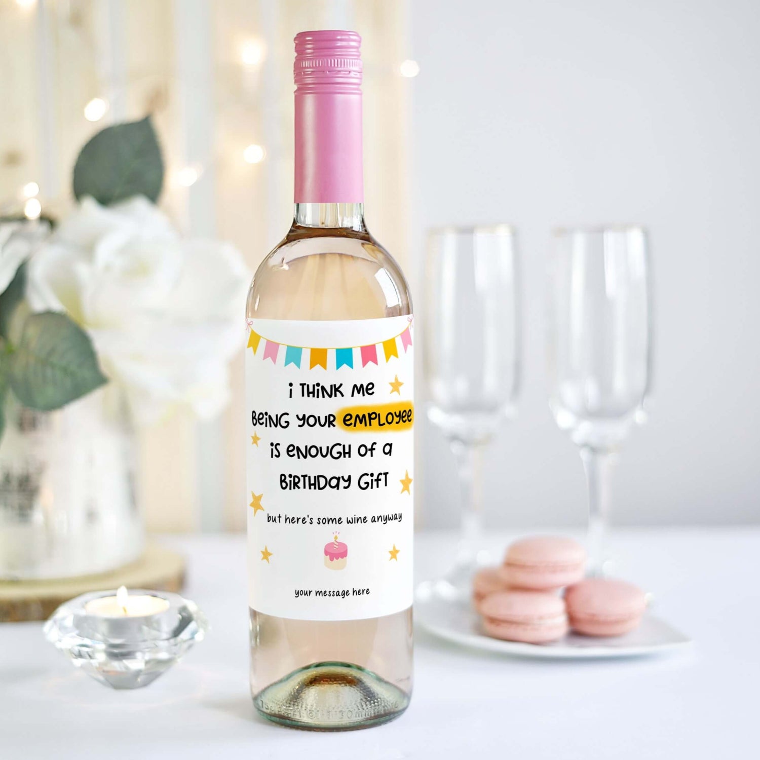 Funny birthday wine label featuring a playful message for bosses, ideal as a humorous and unique gift from employees.