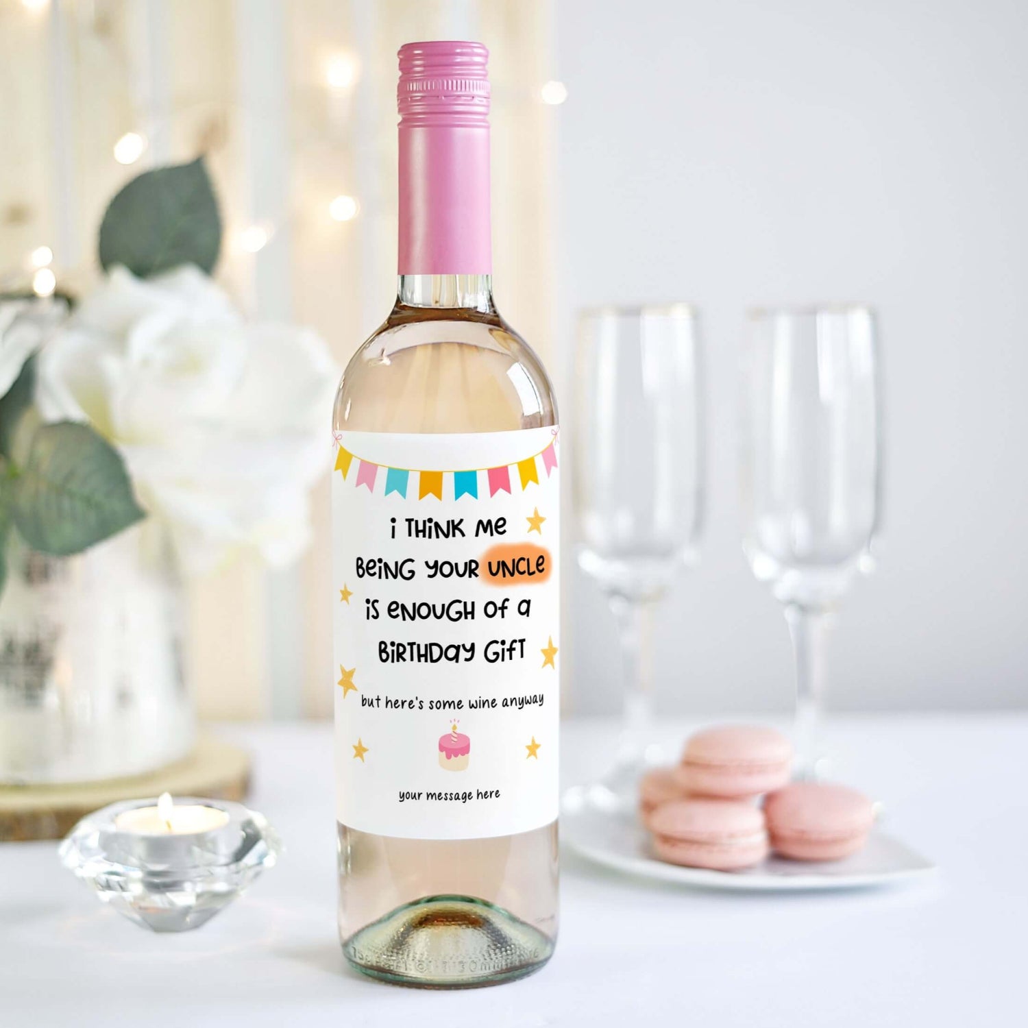 Custom wine label with a humorous message from Uncle, perfect for gifting on a niece or nephew’s birthday.

