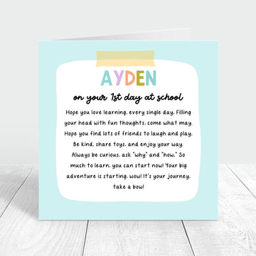 blue card for boy on your first day at school