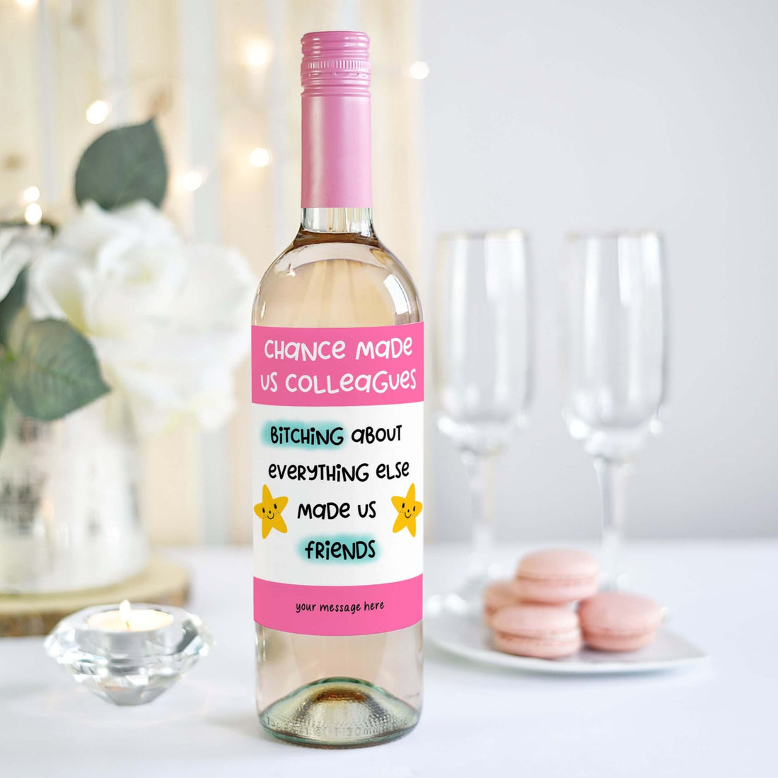 A wine bottle with a funny label reading "Chance made us colleagues, bitching about everything else made us friends," perfect for coworker gifts.