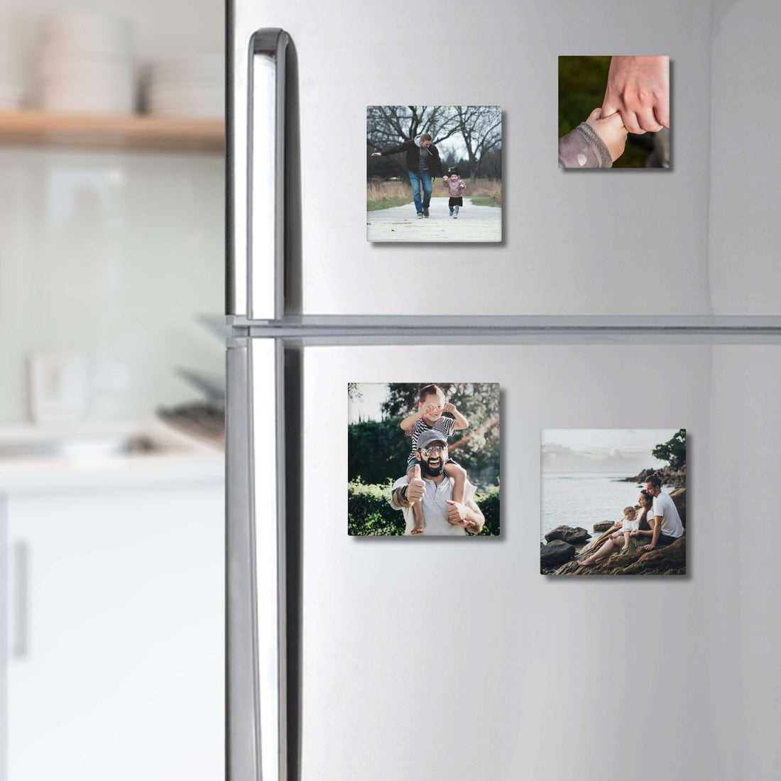 Personalised fridge magnets with family photos on wood background – custom square 5x5cm keepsake gift set.