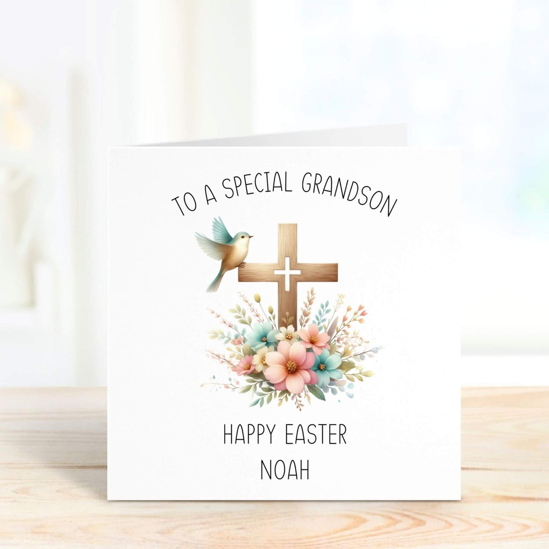 to a special grandson personalised easter card with cross floral