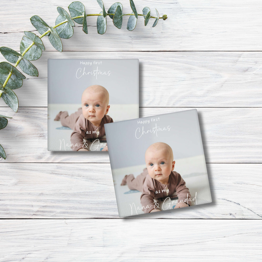 Personalised first Christmas baby photo magnet 5x5cm with custom message for grandparents – glossy festive fridge keepsake gift.