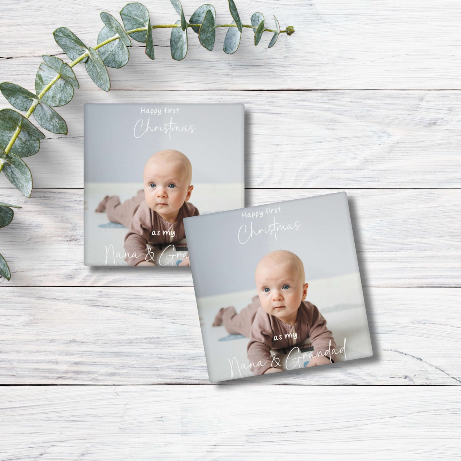 Personalised baby photo magnet 5x5cm with “Happy First Christmas” message – custom fridge keepsake gift for grandparents.
