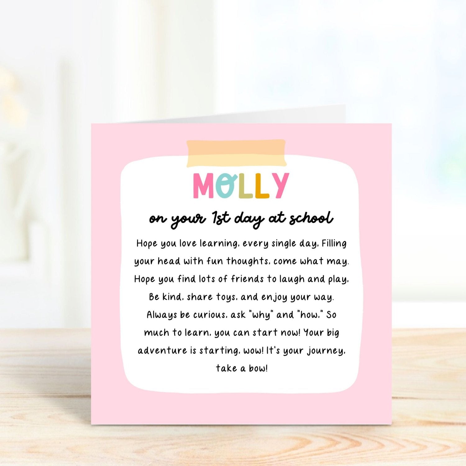 1st day at school pink and cute card with a poem for children