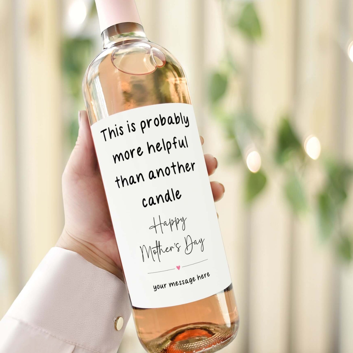 Funny Mother’s Day wine label that reads "This is probably more helpful than another candle." A unique and humorous gift for mum.

