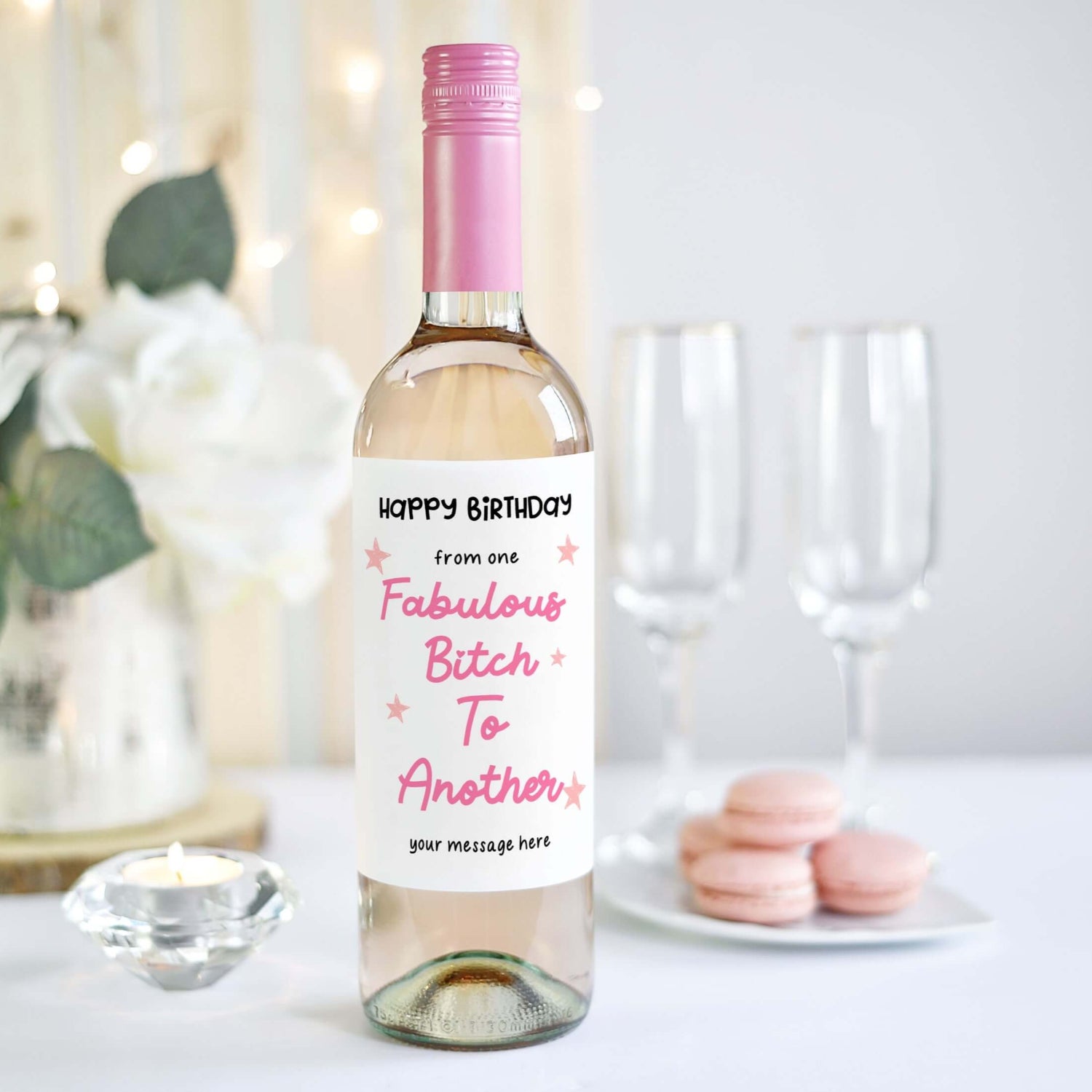 Cheeky birthday wine label featuring a playful message, perfect for gifting to fabulous friends on their special day.
