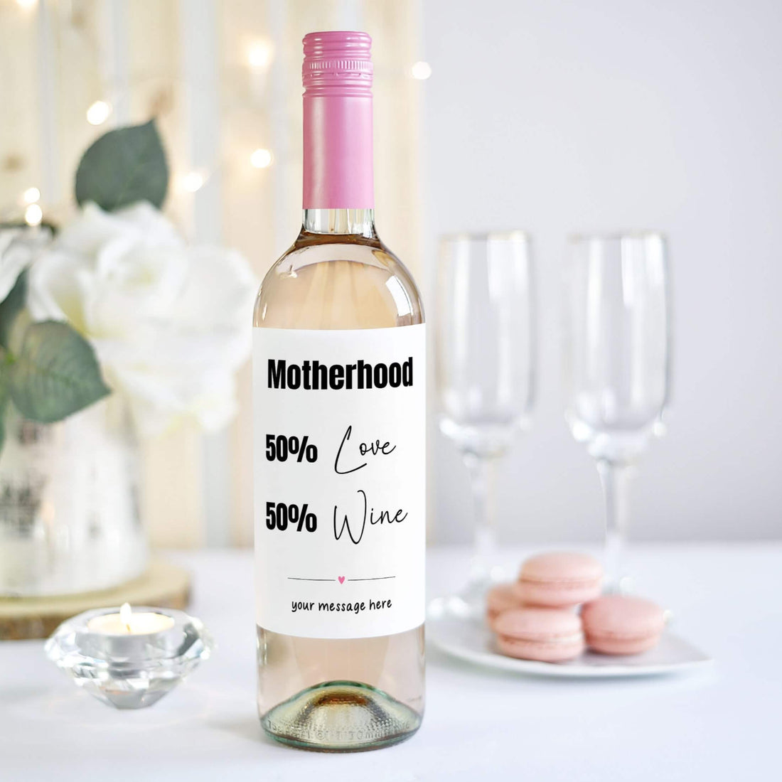 Funny Mother’s Day wine label that reads "Motherhood: 50% Love, 50% Wine." A unique and humorous gift for wine-loving mums.