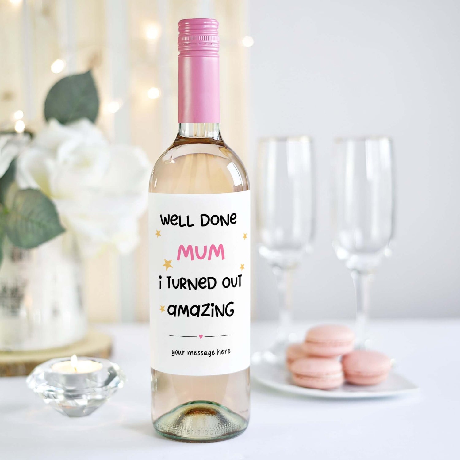 Custom wine label gift for mum with a humorous Mother’s Day design.

