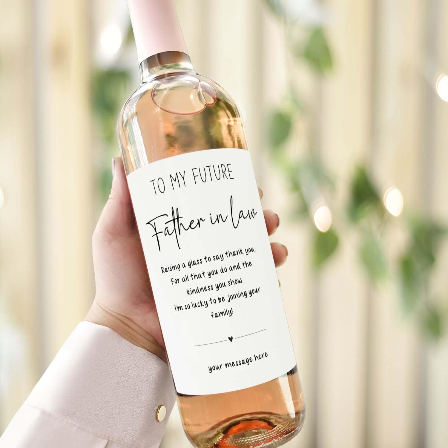 Wine bottle with a custom label reading "To My Future Father-in-Law," designed as a thoughtful wedding gift to show gratitude and love.