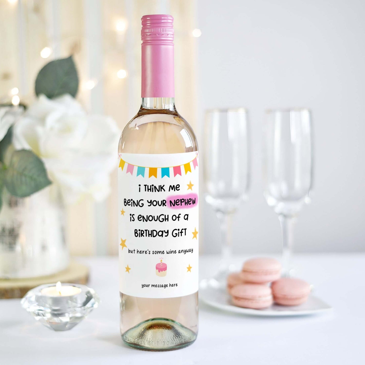 Funny birthday wine label with a playful message from a nephew, perfect for a humorous and unique gift idea for family members.