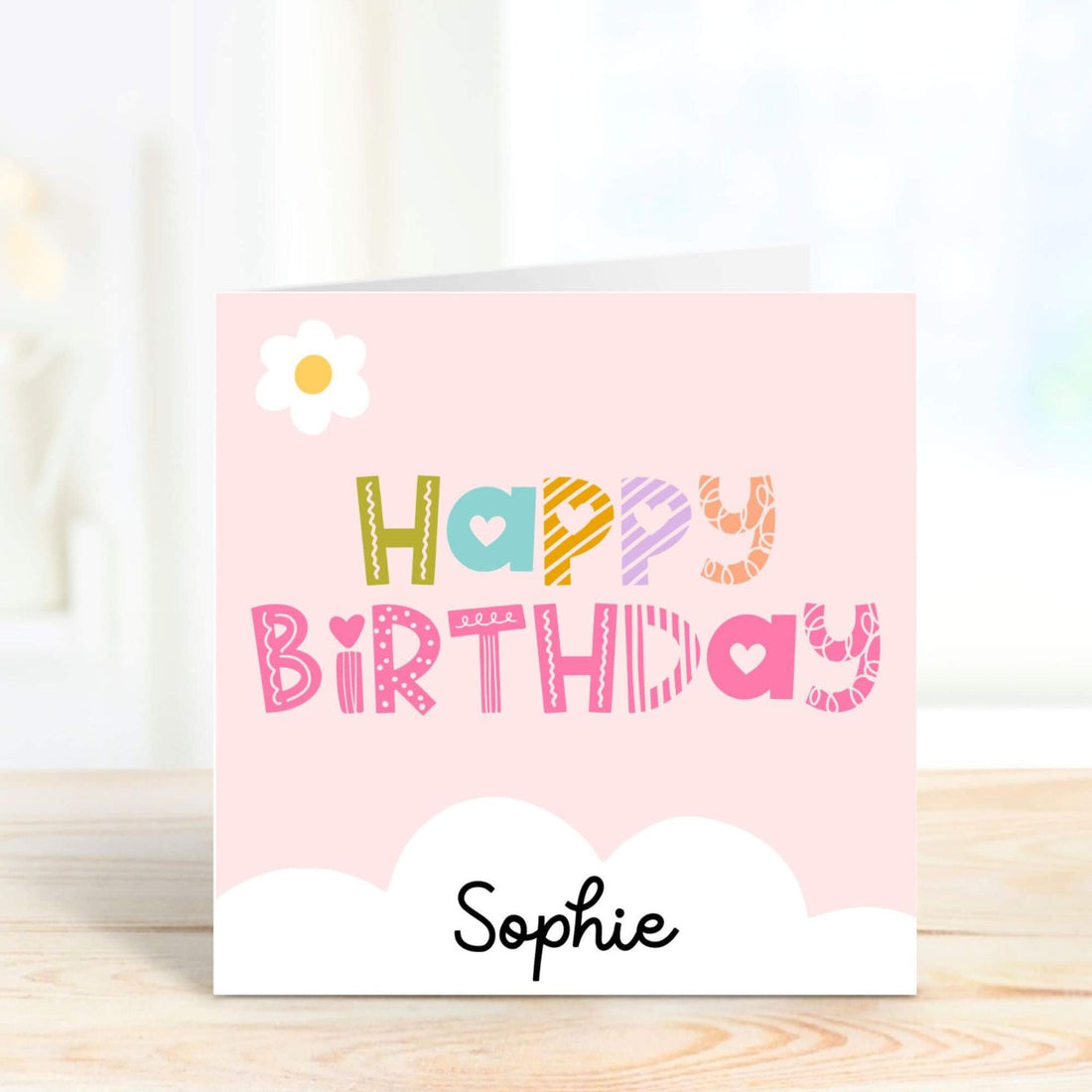 happy birthday personalised card in pink with colourful letters