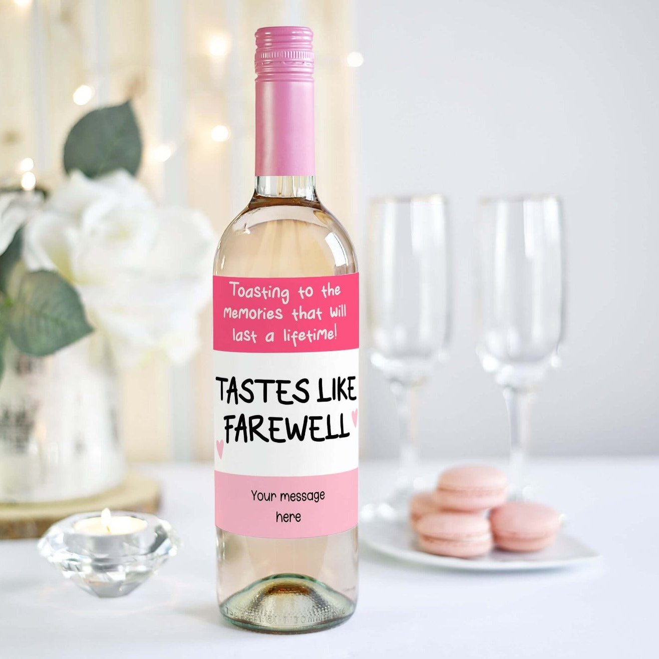 personalised wine bottle label with the message tastes like farewell