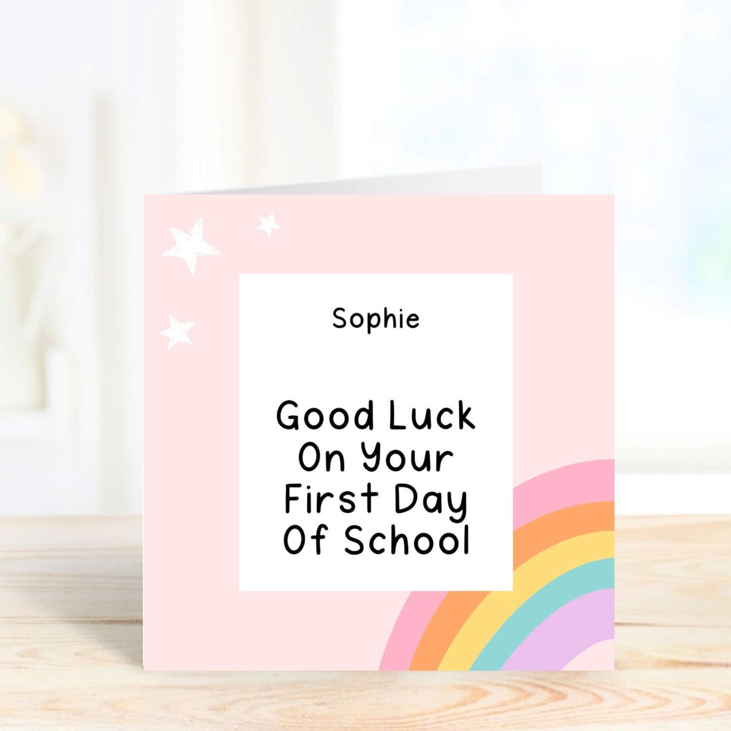pink and rainbow card with good luck wishes for school starting