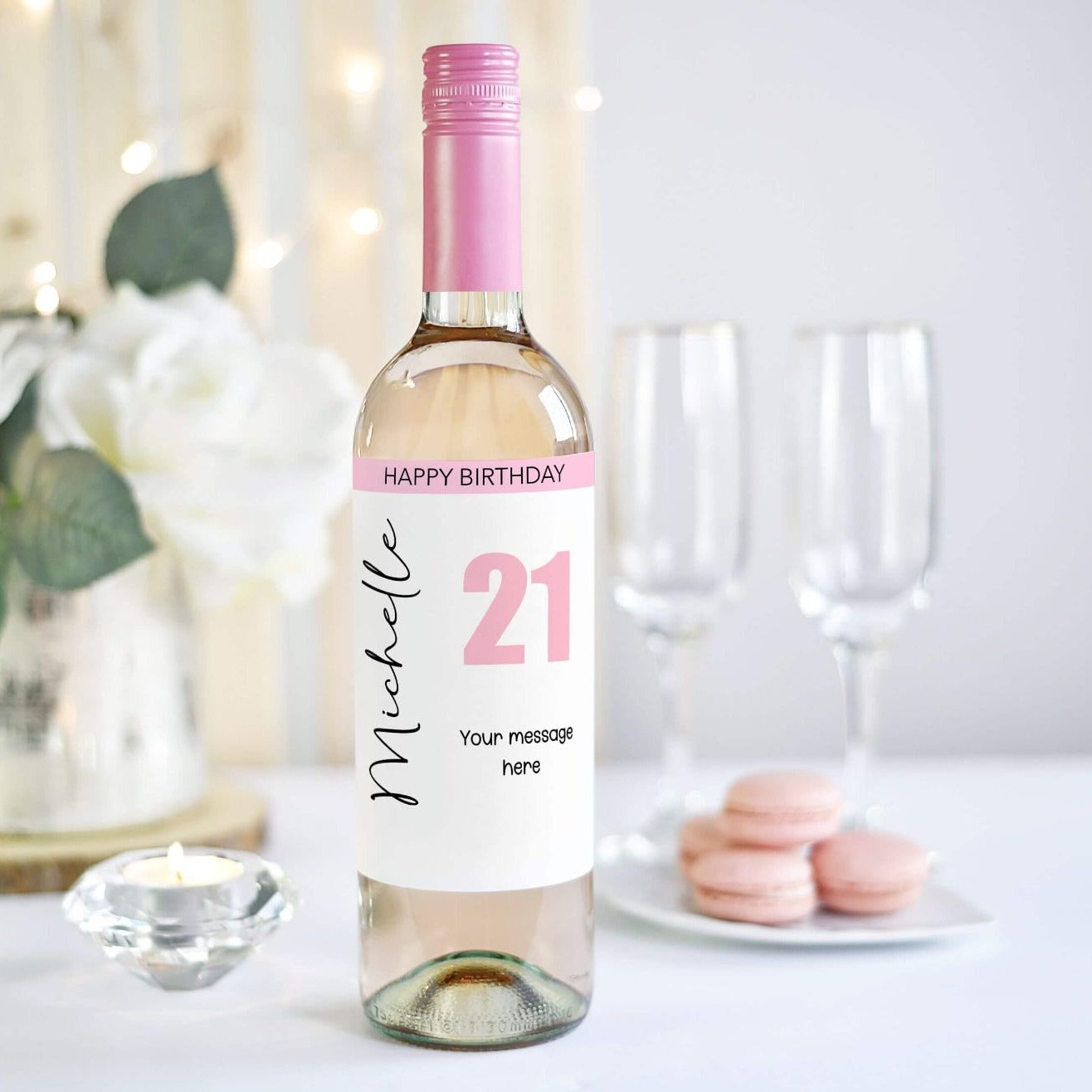 wine bottle label personalised with name and message for 21st birthday
