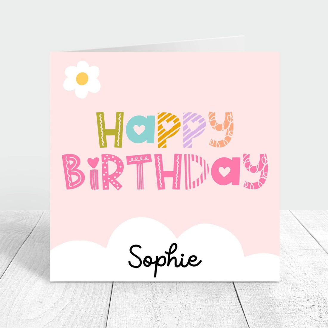 happy birthday personalised card in pink with colourful letters