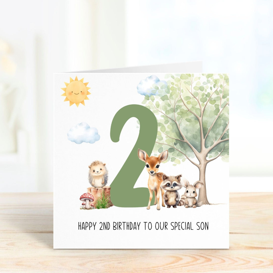 happy 2nd birthday personalised card with woodland animals