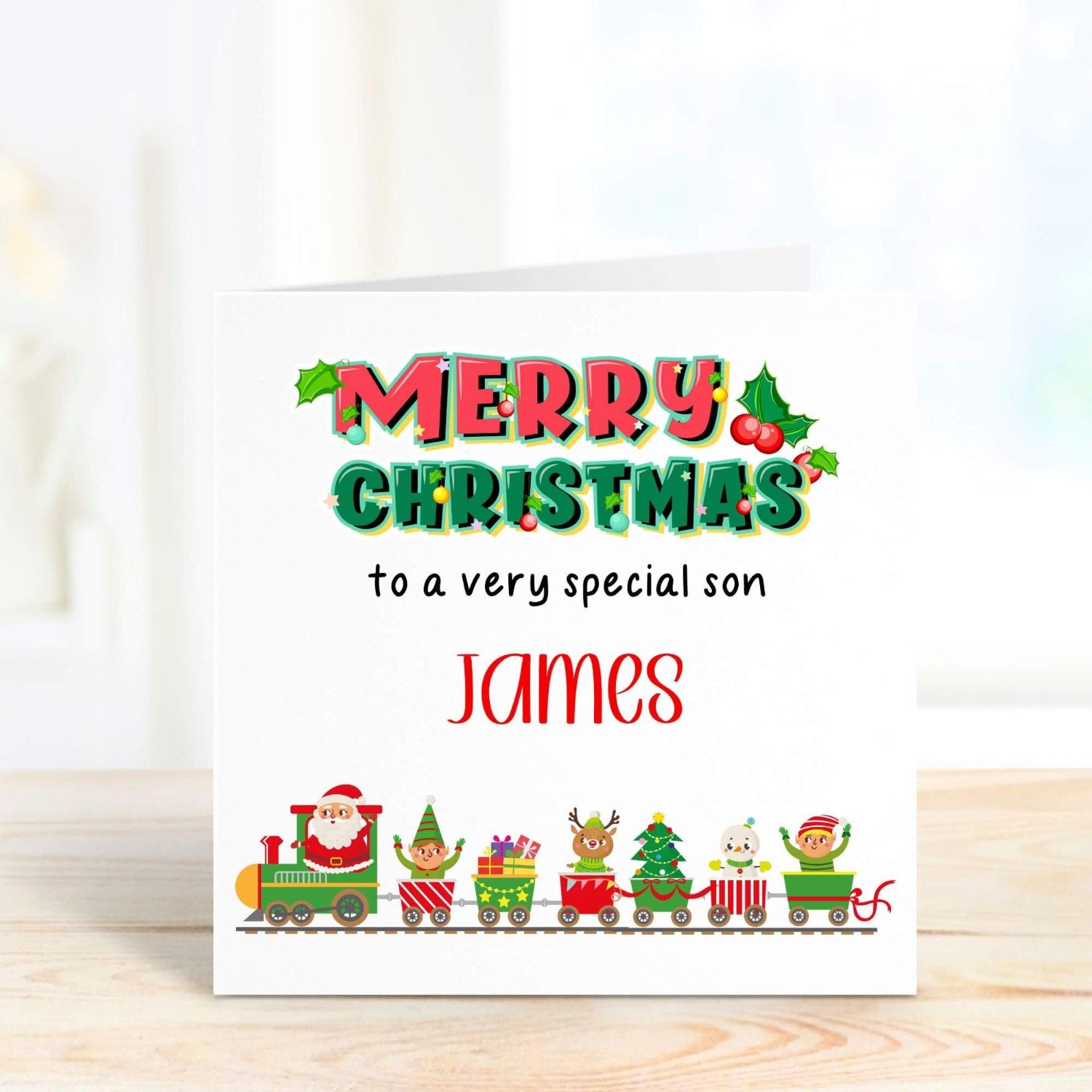 christmas card with a cute train and playful font for a special son