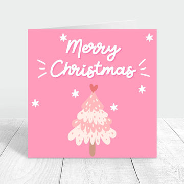 Merry Christmas card with pink background and a light pink christmas tree