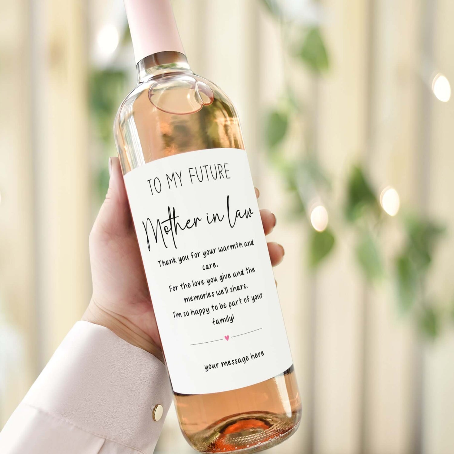 Custom wine label for future mother-in-law reading "To My Future Mother-in-Law," a thoughtful wedding gift to express gratitude and love.