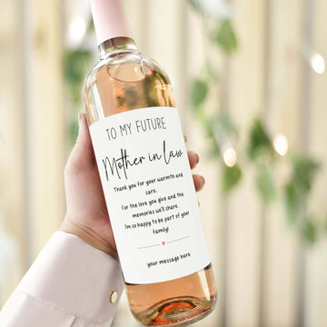Custom wine label for future mother-in-law reading "To My Future Mother-in-Law," a thoughtful wedding gift to express gratitude and love.