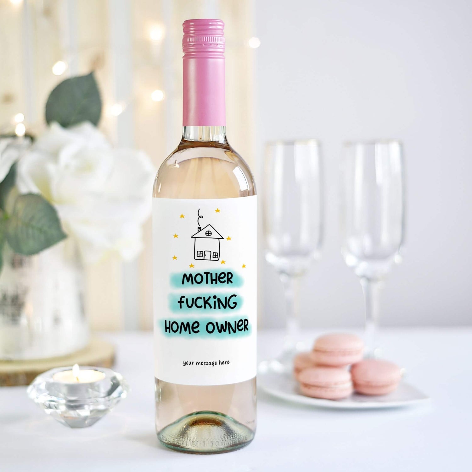 Humorous wine label for a new home gift, featuring a playful "Mother F***ing Home Owner" design perfect for friends or family who bought a house.