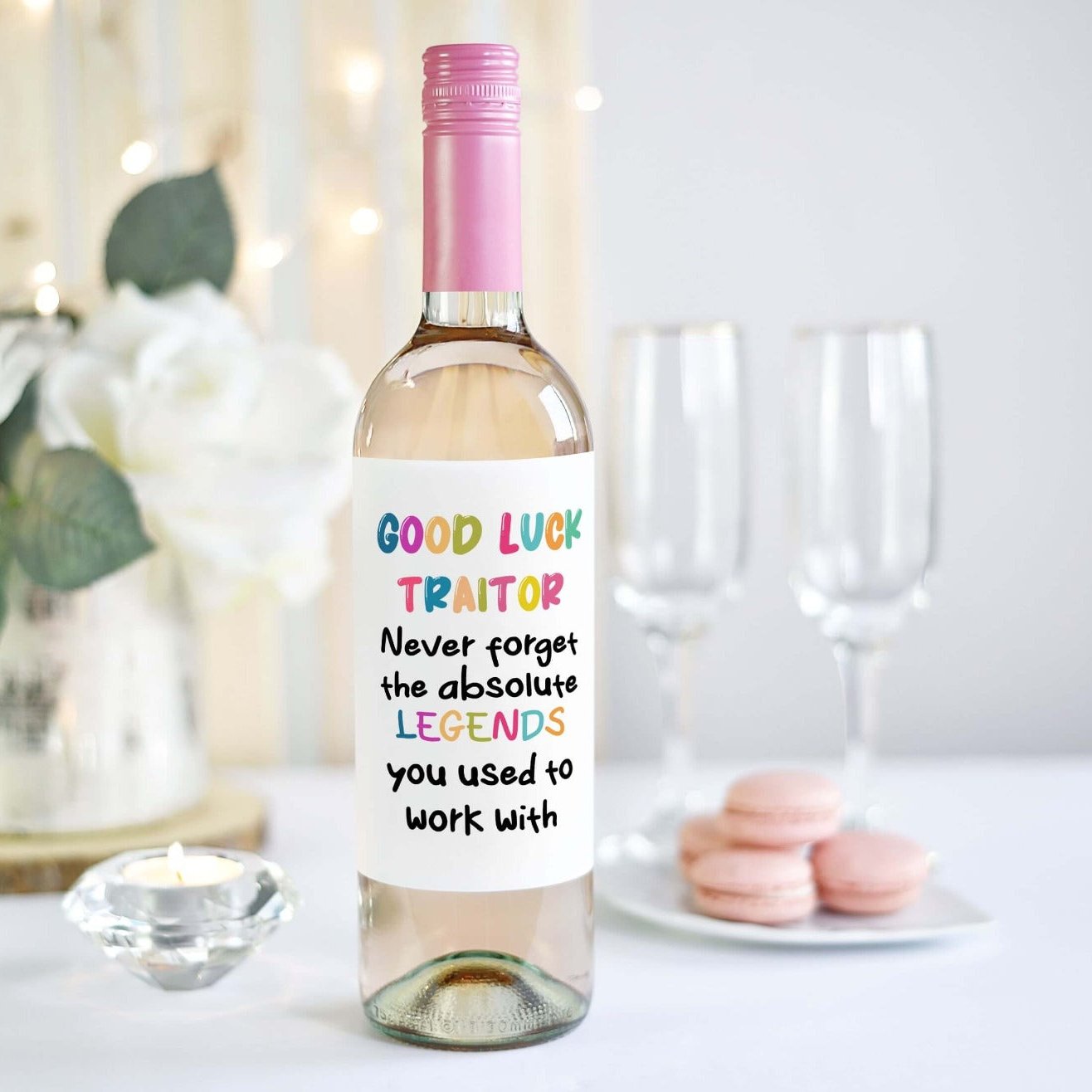 funny personalised wine bottle label for colleague leaving work