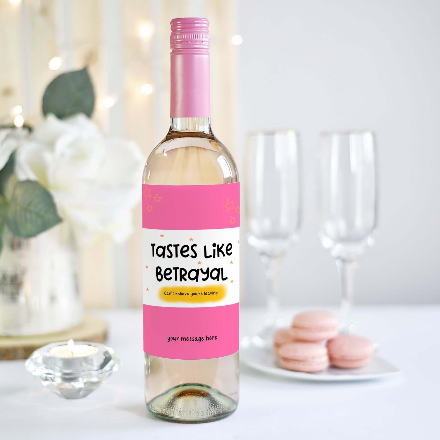 Humorous farewell wine label with "Tastes Like Betrayal" design, perfect for friends or coworkers leaving, and for lighthearted send-off gifts.