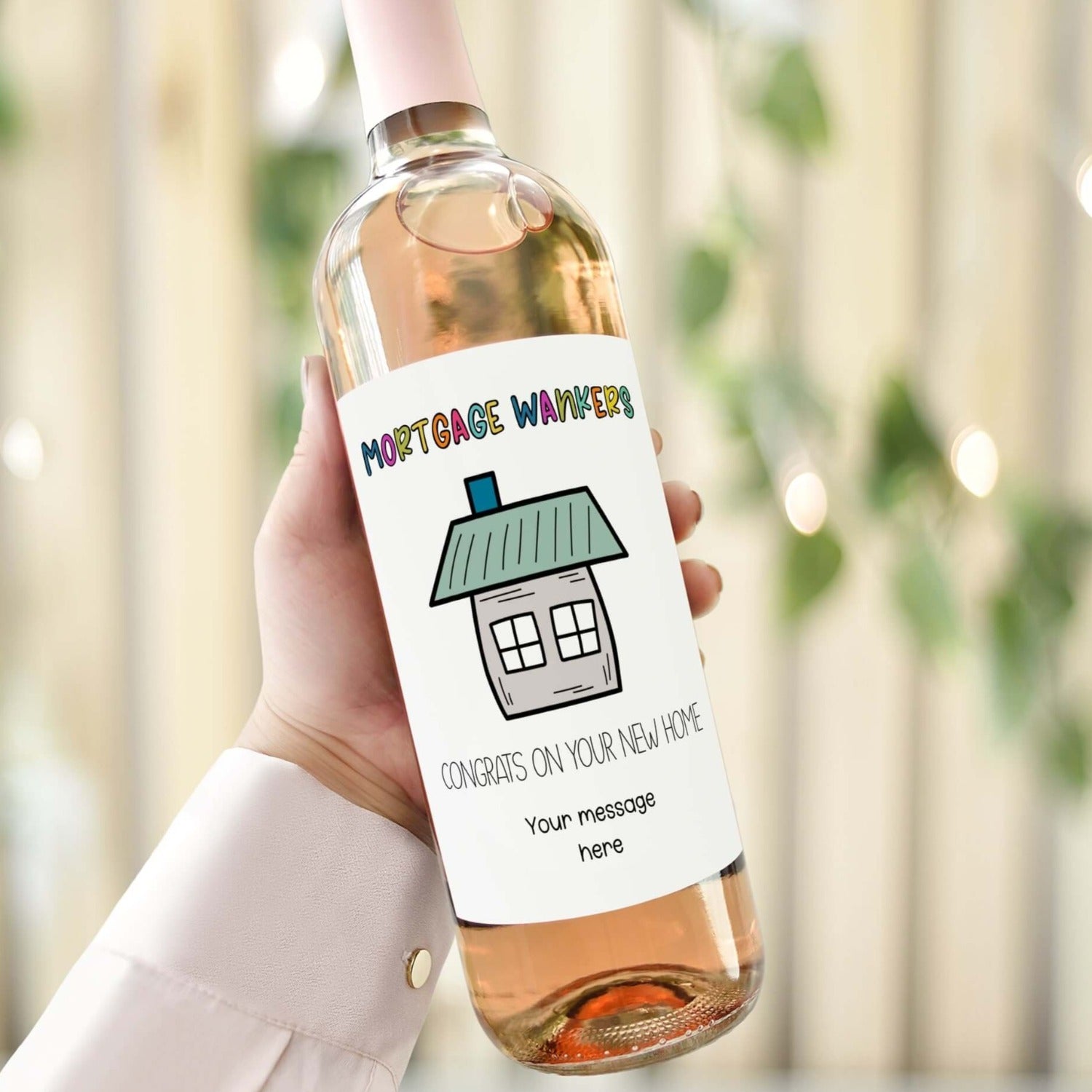 personalised wine bottle label for a new home gift