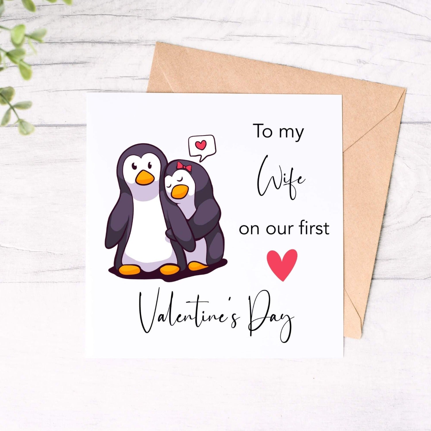 penguin couple personalised card to my wife on our first valentine day