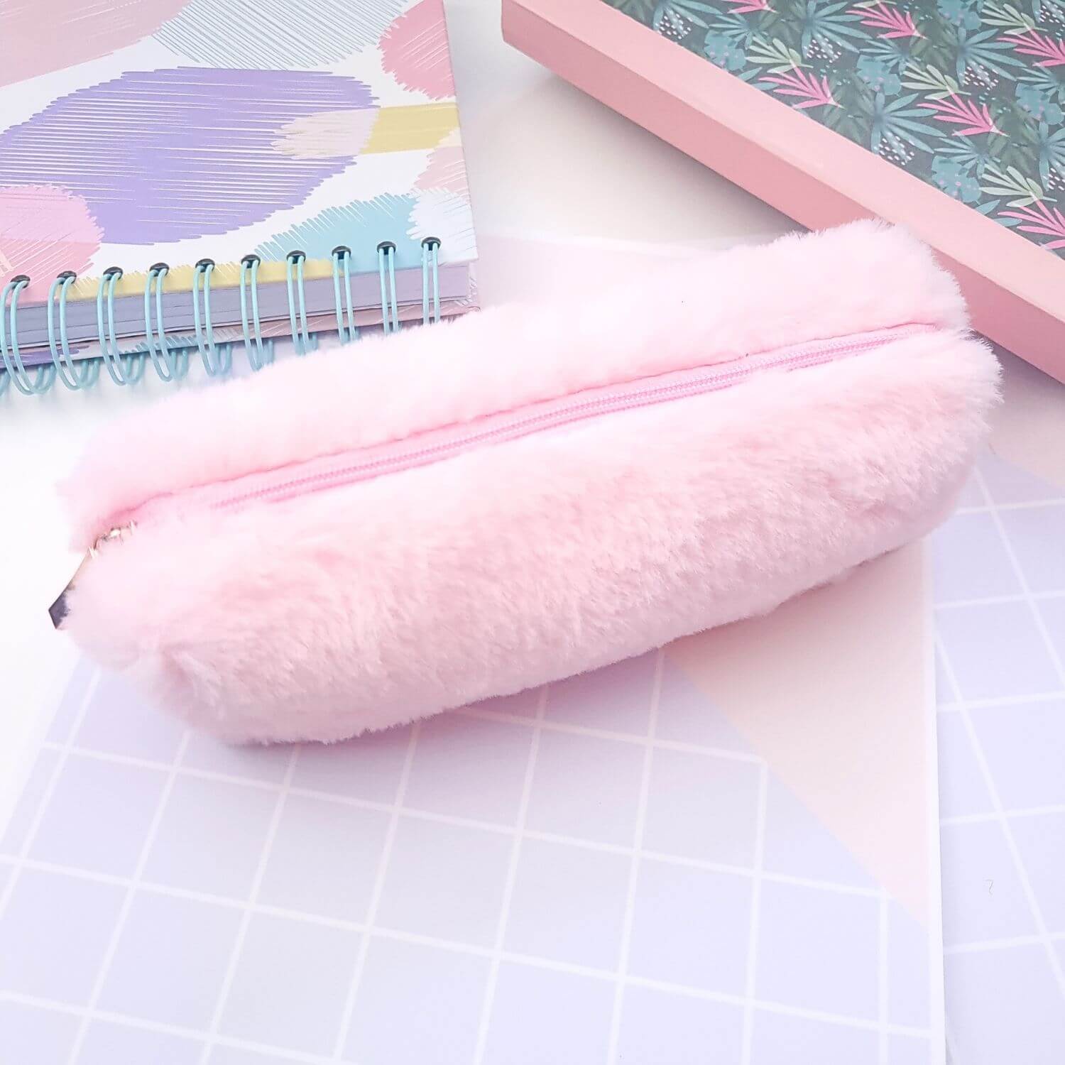 fluffy pencil case in light pink