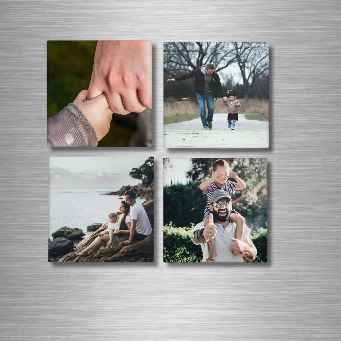 Personalised fridge magnets with family photos on wood background – custom square 5x5cm keepsake gift set.