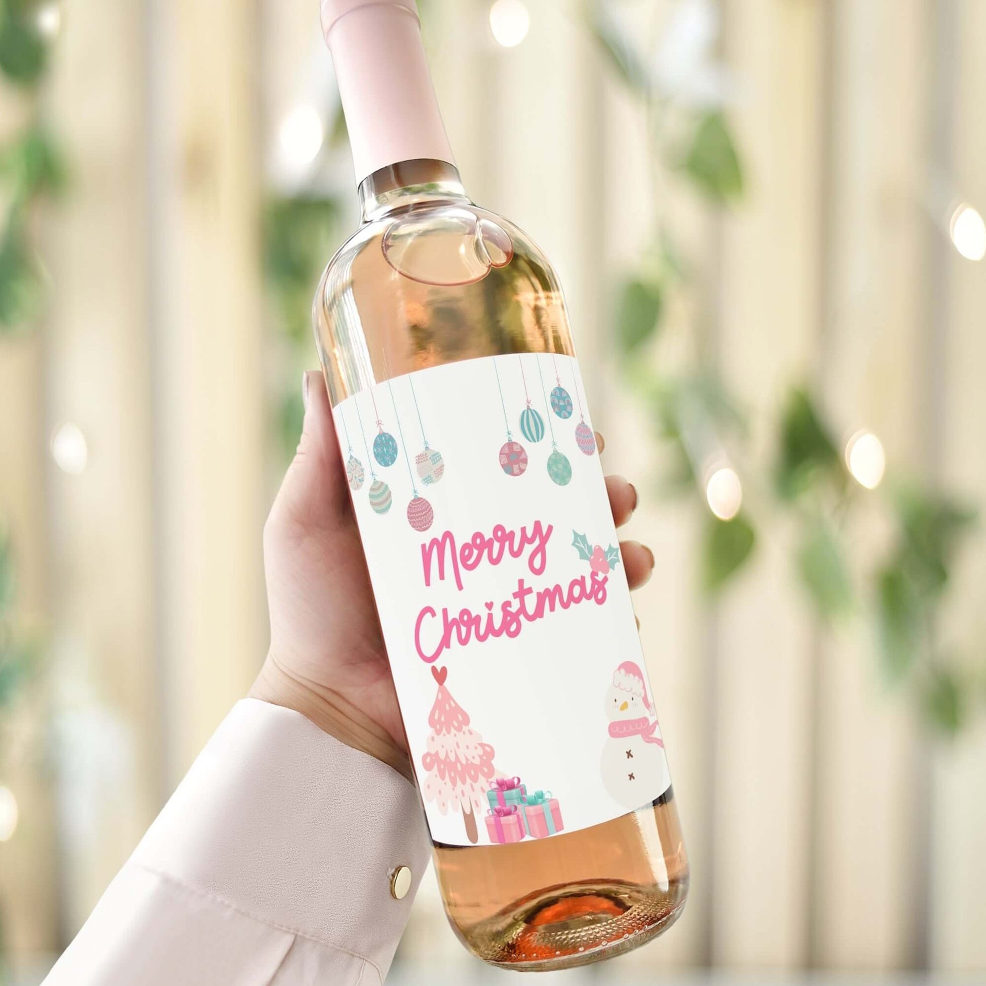 Merry Christmas wine label in pink colour
