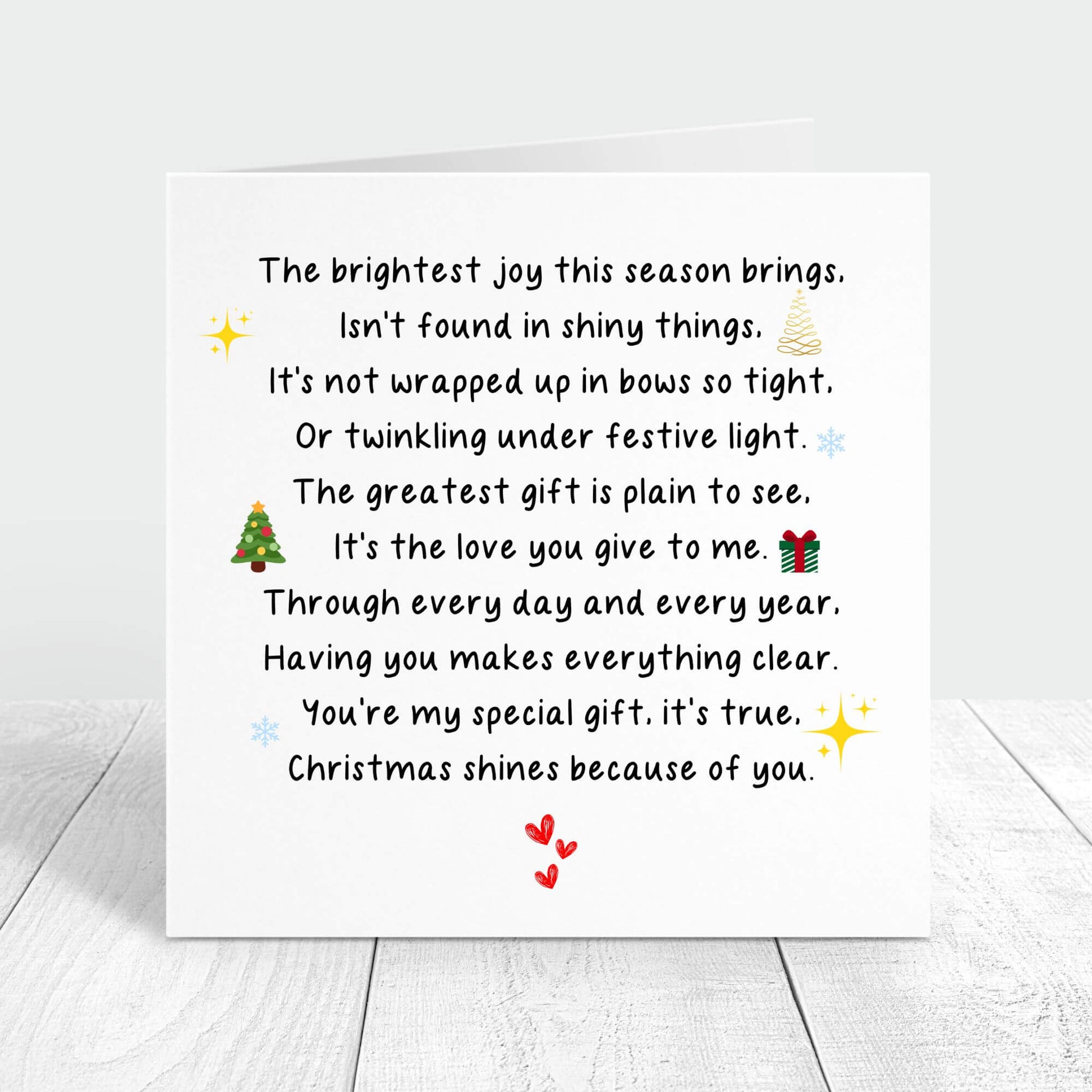 Personalised Christmas card featuring a heartfelt poem with festive icons like a Christmas tree, presents, and stars. Perfect for sharing love and joy during the holiday season.