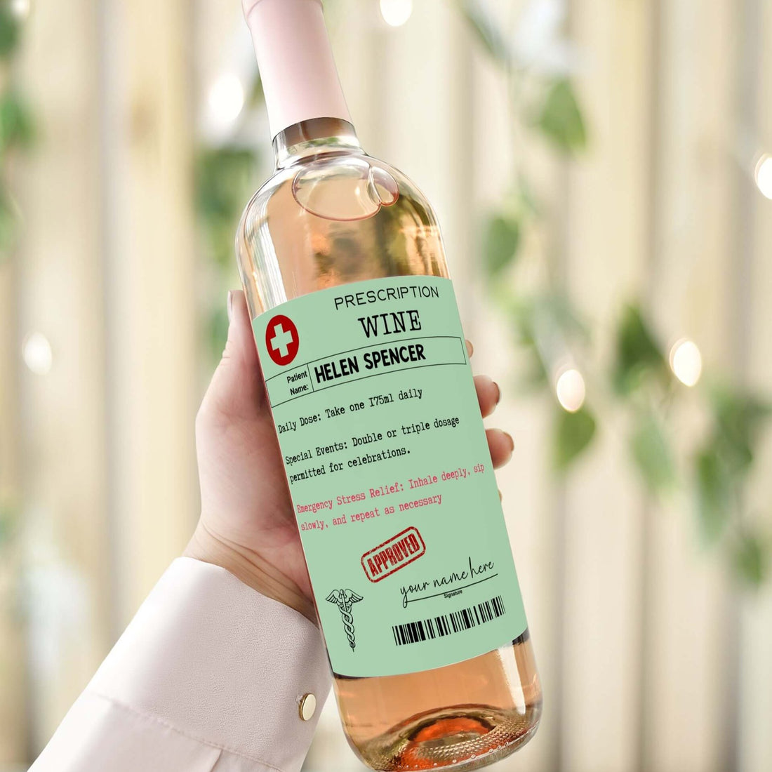 a mimical prescription wine label with funny dosage for celebrations