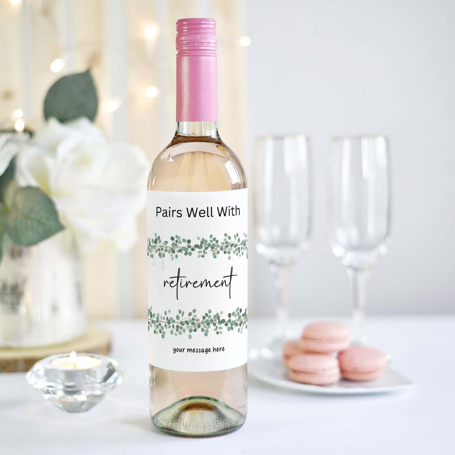 Elegant retirement wine label with "Pairs Well With Retirement" text, ideal for gifting to teachers, nurses, friends, or mum on their special day.