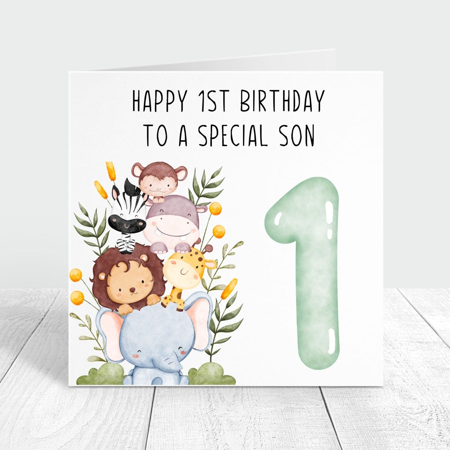 happy 1st birthday to a special son safari animals personalised card