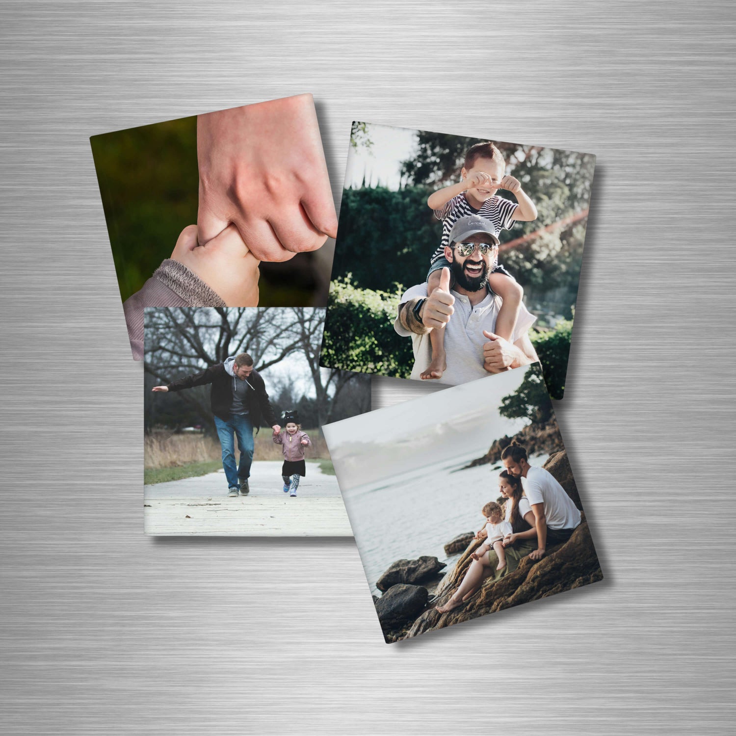 Personalised photo magnets displayed in a set – glossy 5x5cm square fridge keepsakes with custom images and text.