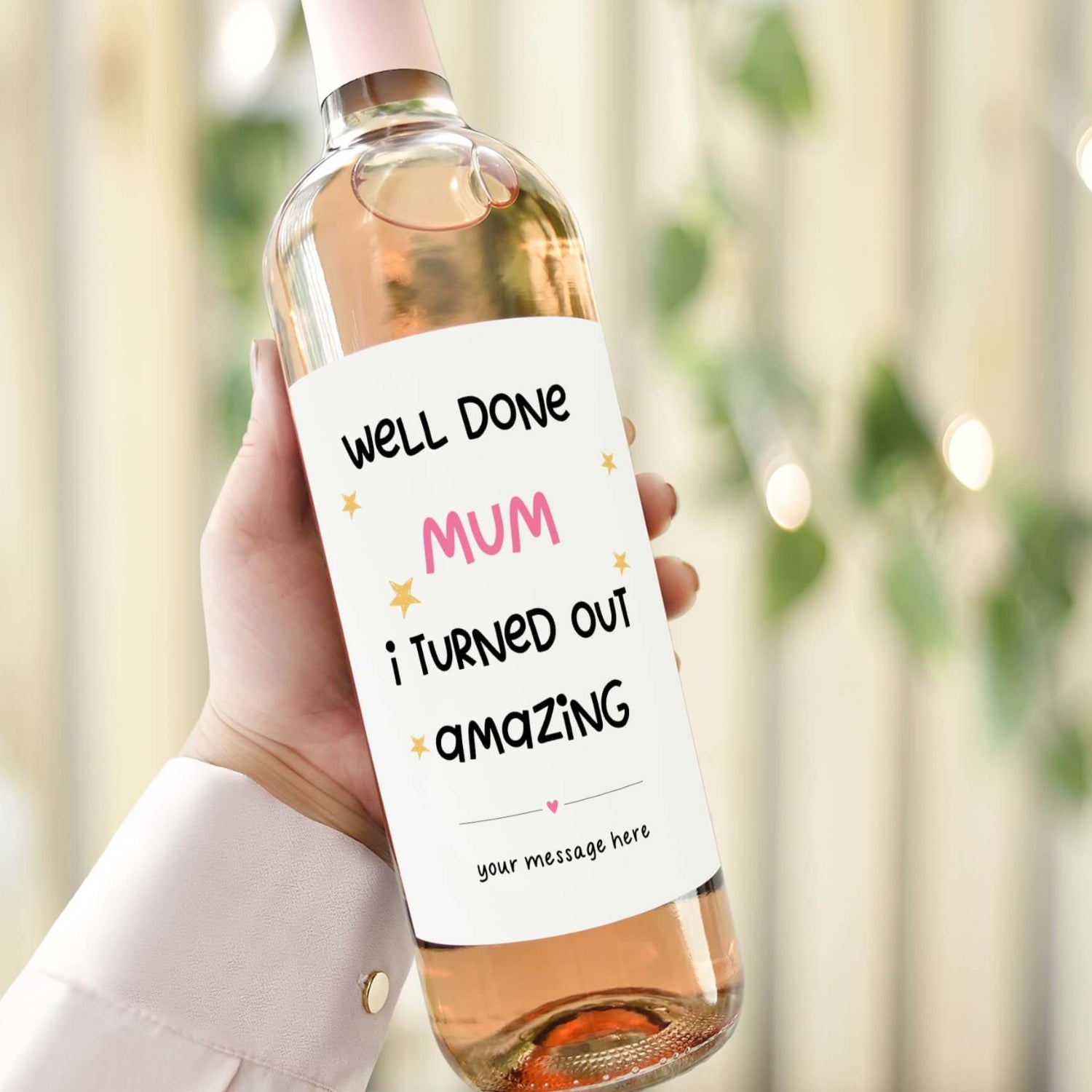 Funny personalised Mother’s Day wine label with a cheeky message.