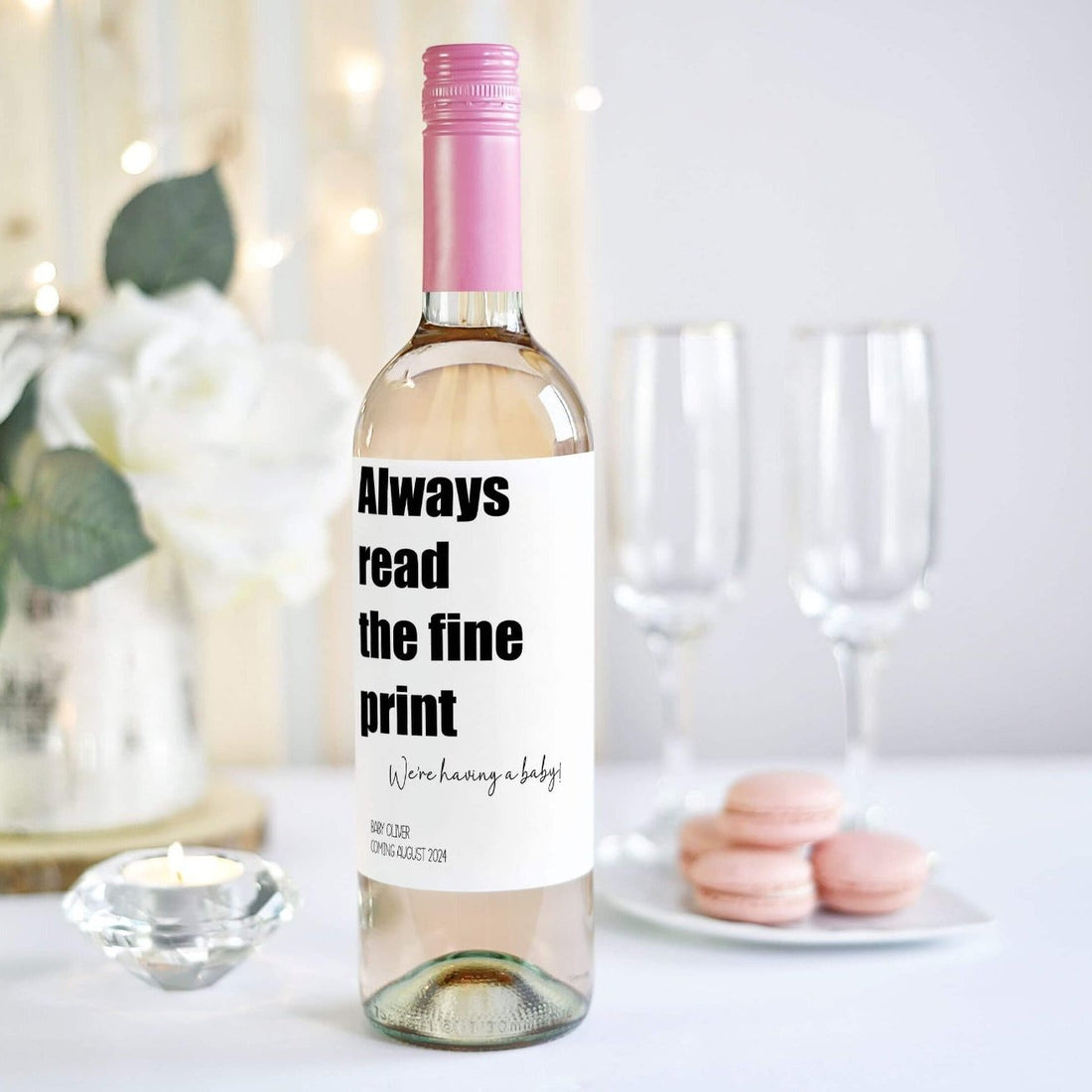 Always read the fine print we're having a baby personalised wine bottle label