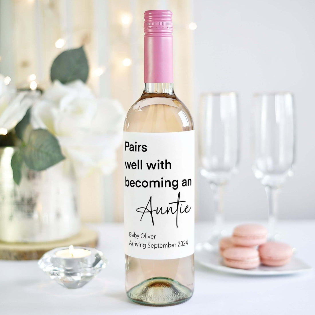 pairs well with becoming an auntie personalised wine bottle label